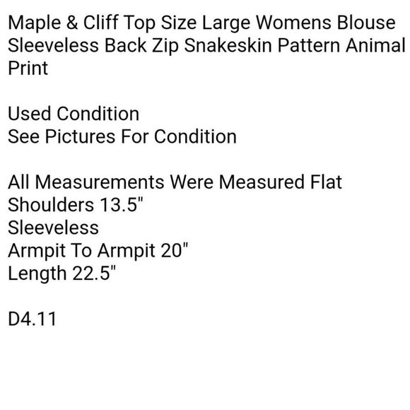 Maple & Cliff Top Size Large Womens Blouse Sleeveless Back Zip Snakeskin Pattern - Picture 4 of 4